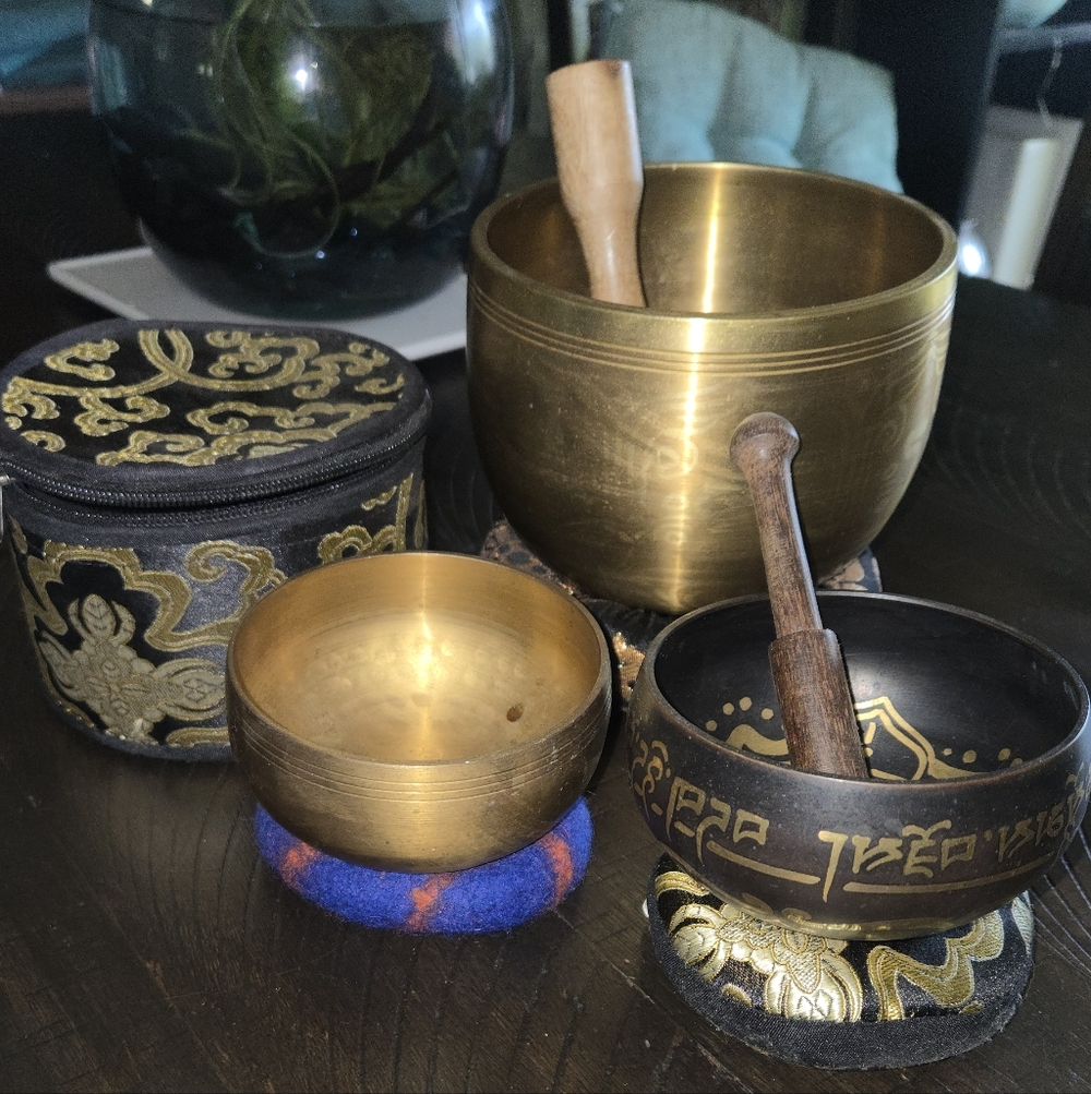 Brass and Black Tibetan Singing Bowl Set with Cushion - Home Accents